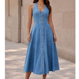 Denim Halter Midi Dress Button Front Fit Flare Blue Jean Dress S Y2K